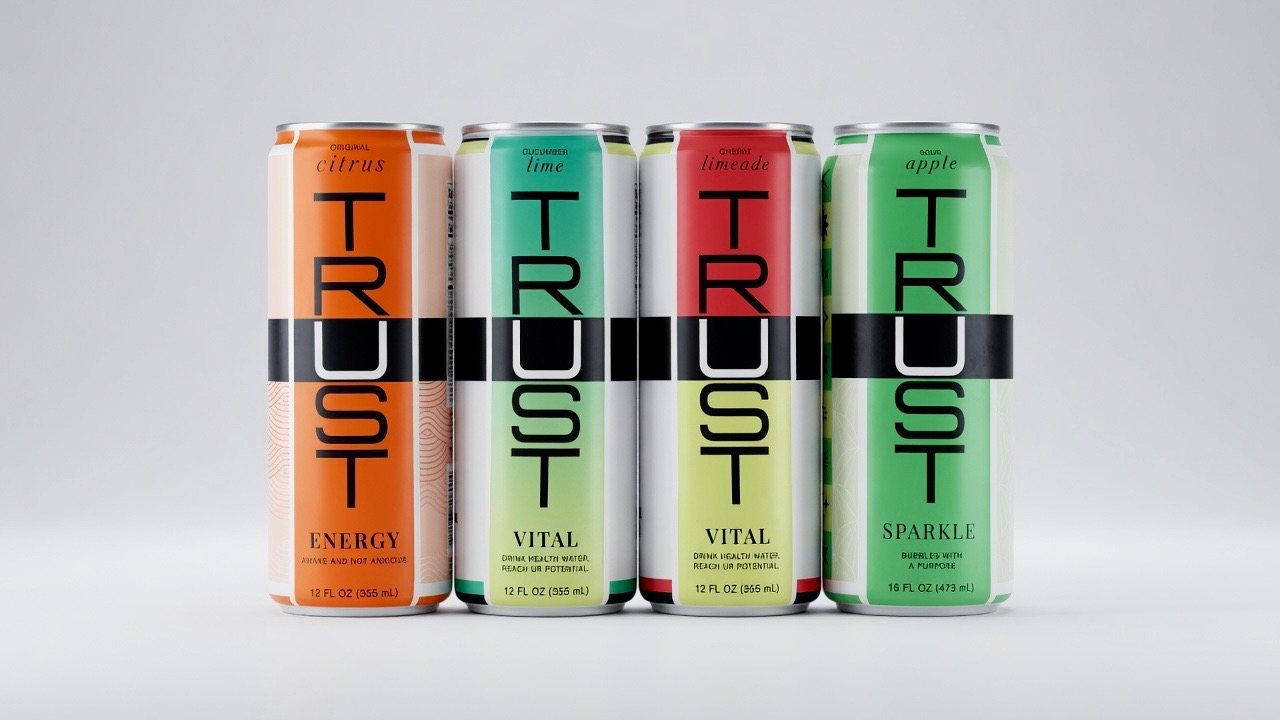 TRUST Beverages lineup — Energy, Vital Cucumber Lime, Vital Cherry Limeade, Sparkle